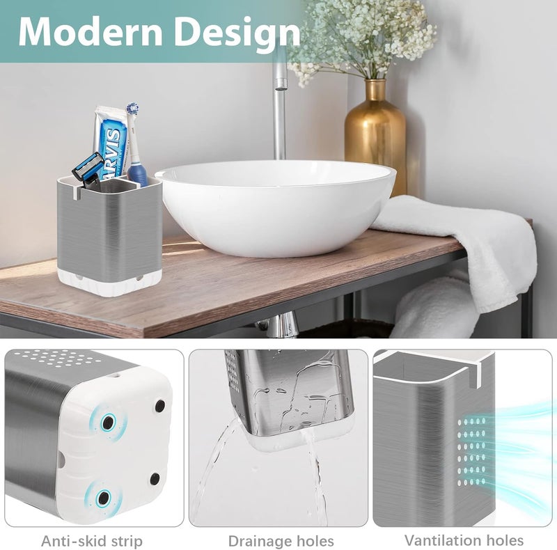 Boperzi Toothbrush Holder Toothpaste Organizer Drainage for Bathroom Vanity, Detachable Anti-Slip Brushed Nickel Toothpaste Storage Caddy 3 Slots with Drainage Holes for Makeup Brush Razor Stand - Image 4